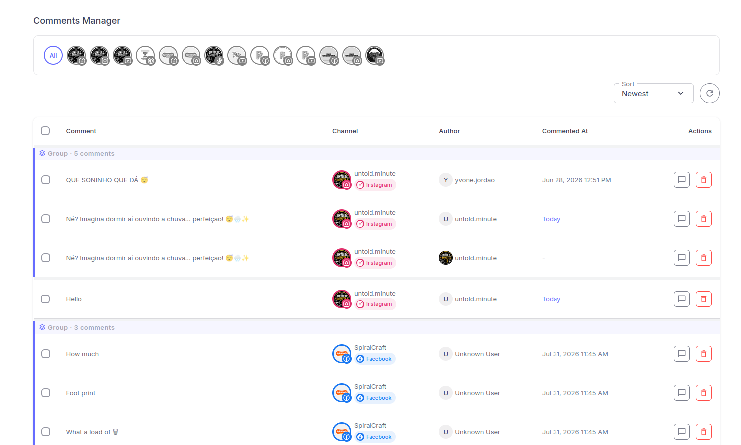 The Comments Manager list view in Socialic — a table of recent comments across every connected channel with Comment, Channel, Author, Commented At and Actions columns, a channel-avatar filter row, a Sort control set to Newest, a Refresh button, and 'Group · 5 comments' and 'Group · 3 comments' rows for cross-posted content