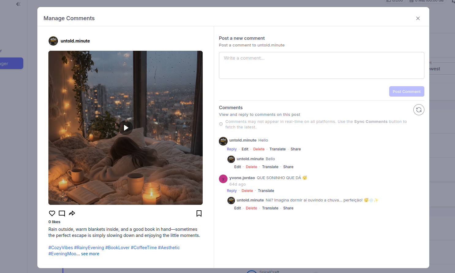 Socialic's Manage Comments dialog: a preview of the Instagram post on the left, and on the right a 'Post a new comment' box plus the comment thread with nested replies and Reply, Edit, Delete, Translate, and Share actions on each comment