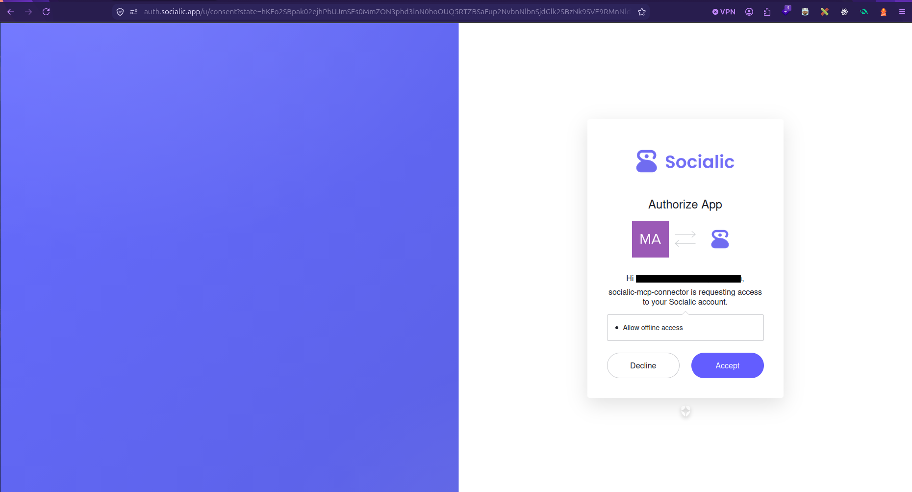 Socialic's own Auth0-hosted authorization screen, showing socialic-mcp-connector requesting access to a Socialic account, with Decline and Accept buttons — a page on auth.socialic.app, not inside Claude