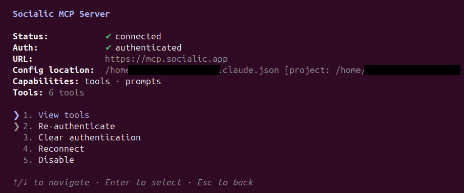 The Socialic MCP Server detail screen in Claude Code after successful authentication: Status connected, Auth authenticated, Capabilities tools · prompts, Tools 6 tools, with options 1. View tools, 2. Re-authenticate, 3. Clear authentication, 4. Reconnect, 5. Disable